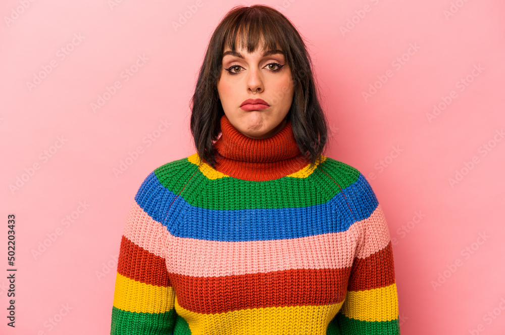 Young caucasian woman isolated on pink background sad, serious face, feeling miserable and displeased. Young caucasian woman isolated on pink background sad, serious face, feeling miserable and displeased.
