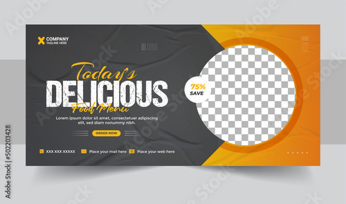 Food business promotion web banner template design, Restaurant healthy burger online sale social media marketing cover or flyer
