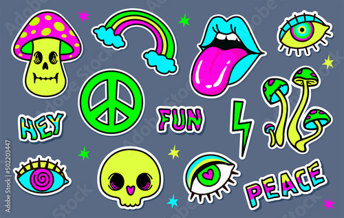 Psychedelic hippy stickers. Neon cartoon psychedelic hippy stickers with mushrooms and eyes. Hallucination elements, heart, skull. Vector illustration set of psychedelic and hallucination elements