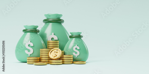 Isolate of green dollar money bag with golden coin stacking for financial saving  , dividend and deposit concept by 3d render illustration.