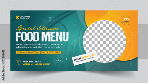 Fast food business promotion web banner template design, Healthy food online sale social media marketing cover or flyer
