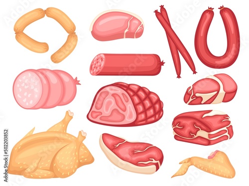 Meat sausage. Cartoon sausages, fresh farmer food. Pork, bacon, cutting animal products. Meats slices, steak and hamon, delicatessen neat vector set