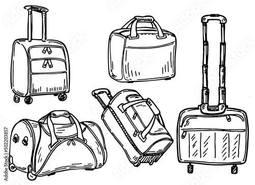 Luggage hand drawn icons set. Sketch style. Suitcases and bags. Sketches of travel luggage. Vector illustration.