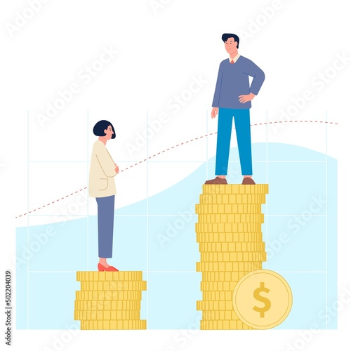 Salary gender gap. Pay wage inequality between woman and man. Business salaried discrimination girls. Genderism in job costing. Male female on coins recent vector scene photo