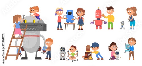 Robotics for kids. Children develop robot and software. Fun kid play with robots. School project, teamwork competition. Technology and toys, decent vector set