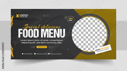 Fast food business promotion web banner template design, Restaurant healthy burger online sale social media marketing banner