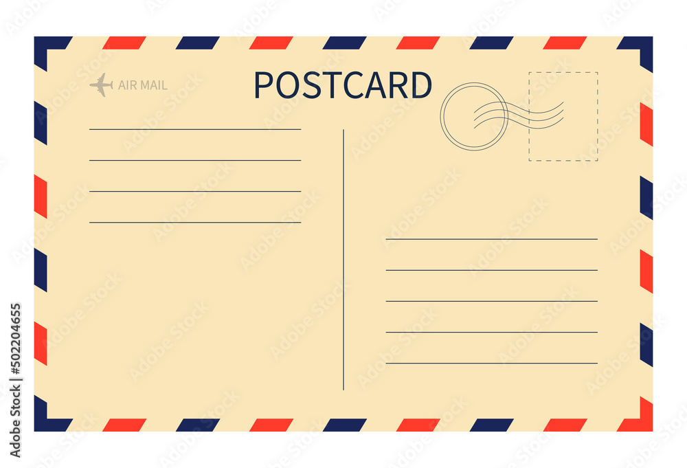 Vetor do Stock: Vintage postcard. Post card with stamp. Airmail template.  Postal mail. Letter of airmail. Old envelope. Postcard with blue-red  border. Blank paper with frame, airplane and stamp. Vector | Adobe