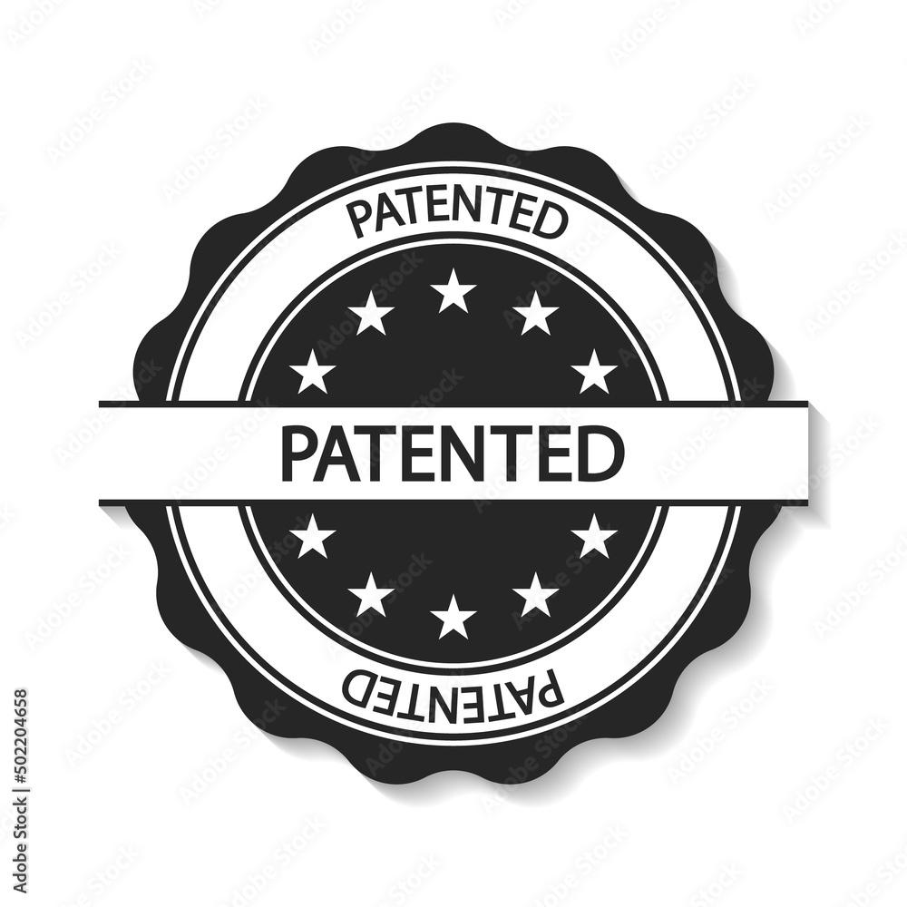 Obraz premium Patented stamp seal. Stamp for patented and certified. Round badge for patent, certify, quality and verified. Sign for product. Label of guarantee with shadow isolated on white background. Vector