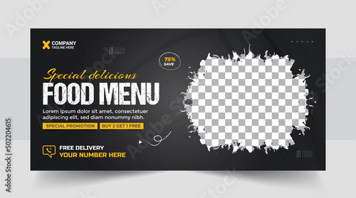 Fast food business promotion web banner template design, Restaurant healthy burger online sale social media marketing cover template