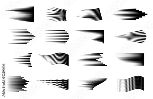 Cartoon speed lines. Action line, black fast actions comic or manga style elements. Speeding move abstract gradient effects, exact vector set