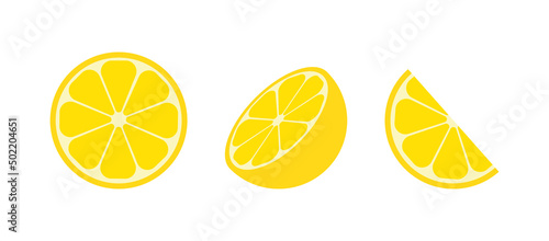 Lemon icon. Citrus slices. Citrus slices of lemon. Fruit with vitamin C. Round, half and slice of fruit for juice. Flat icon isolated on white background. Vector