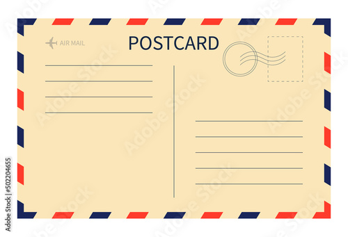 Vintage postcard. Post card with stamp. Airmail template. Postal mail. Letter of airmail. Old envelope. Postcard with blue-red border. Blank paper with frame, airplane and stamp. Vector
