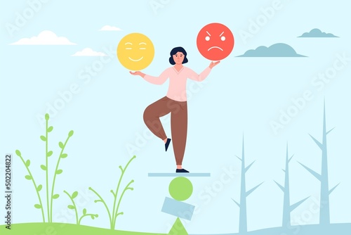 Female emotions balance. Emotion control, behavioral and mood. Woman lifestyle, choose happy or sad day. Psychology discipline recent vector concept