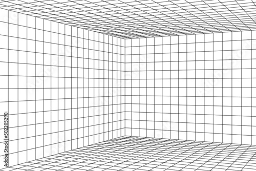 3D digital two points perspective grid room. Black mesh on white background. Empty indoor studio frame blueprint. Virtual three dimension scene. Easy guide vector architecture template