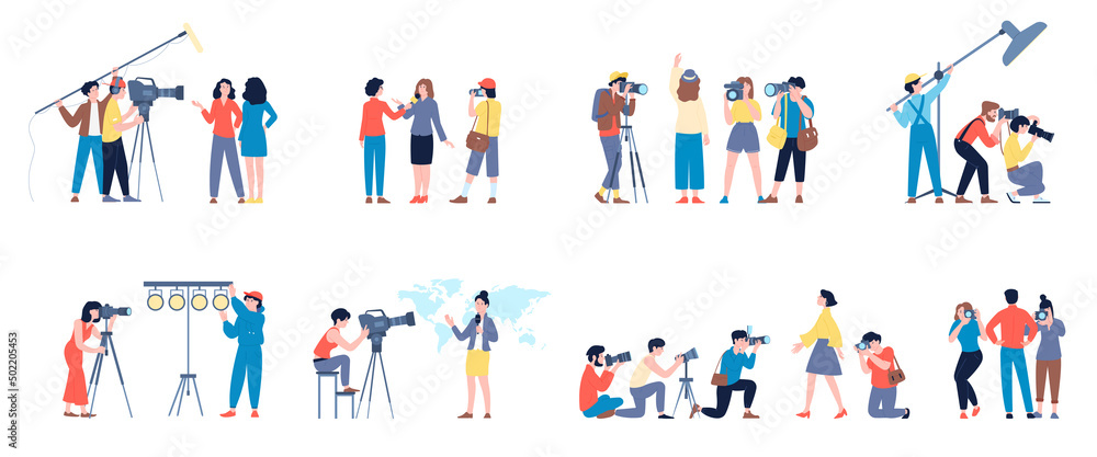 Journalists characters, operator, travel blogger on job. Flat cartoon reporters, mass media professionals with cameras. Tv show and photographers, recent vector set