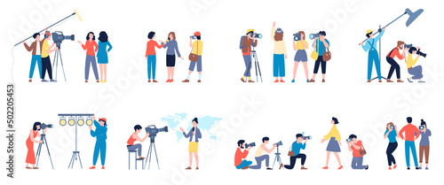 Journalists characters, operator, travel blogger on job. Flat cartoon reporters, mass media professionals with cameras. Tv show and photographers, recent vector set