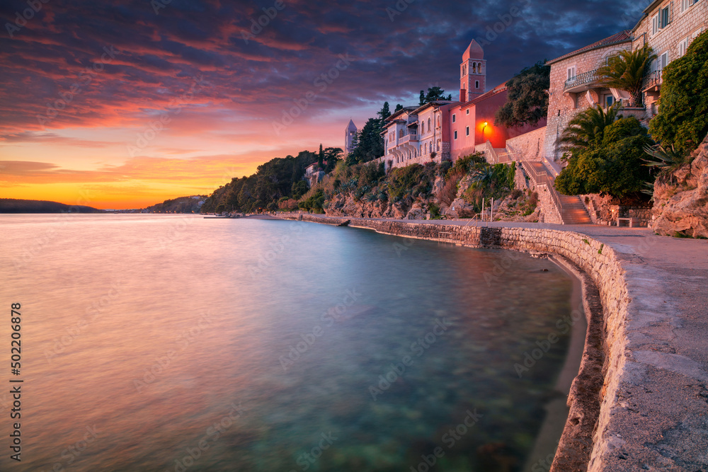 Rab, Rab Island, Croatia. Cityscape image of iconic village Rab, Croatia located on Rab Island at sunset.