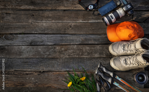 Photographer's items, for travel. Top view of tools.