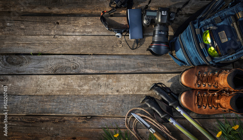Photographer's items, for travel. Top view of tools.