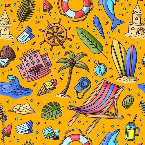 Vector hand drawn summer doodle colored seamless pattern background. Includes cute cartoon style surfboard, camera, sandcastle, lifebuoy, coconut, photo, dolphin objects