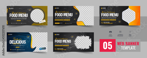 Creative fast food business promotion web banner template design, Restaurant healthy burger online sale social media marketing cover or flyer bundle template design vector