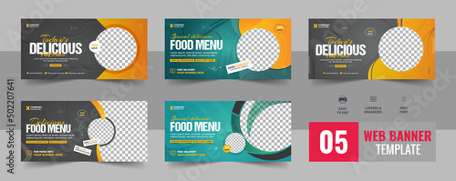 Fast food business promotion web banner template design, Restaurant healthy burger online sale social media marketing cover or flyer bundle template design vector