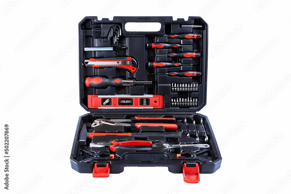 Set of renovation tools. Toolbox with instruments for repair and maintenance isolated on white background Set of renovation tools. Toolbox with instruments for repair and maintenance isolated on white background