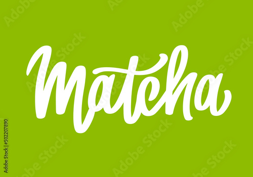Matcha logo design. Hand-drawn lettering. Vector calligraphy for tea product. Japanese beverage. Green tea drink.