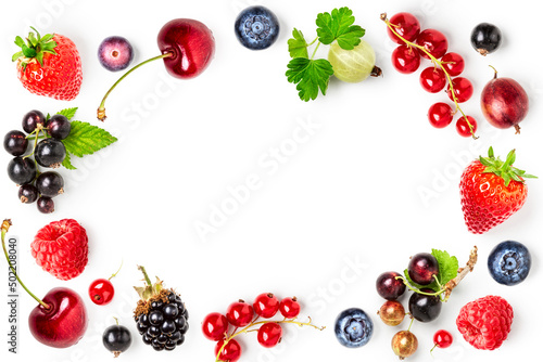 Berry fruits and leaves creative frame.