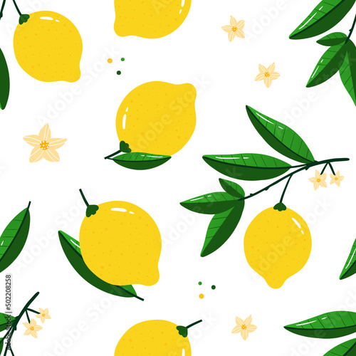 Fresh yellow lemons and lemons hanging on branches vector seamless pattern background for food and nature design.