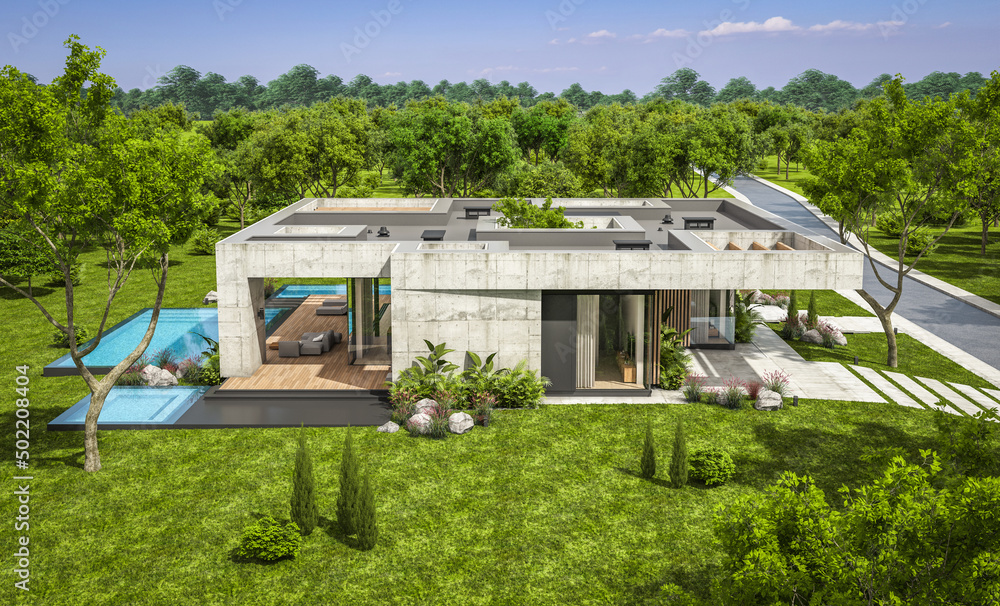 3d rendering of new concrete house in modern style with pool and parking for sale or rent and beautiful landscaping on background. The house has only one floor. Summer sunny day with clear blue sky. 3d rendering of new concrete house in modern style with pool and parking for sale or rent and beautiful landscaping on background. The house has only one floor. Summer sunny day with clear blue sky.
