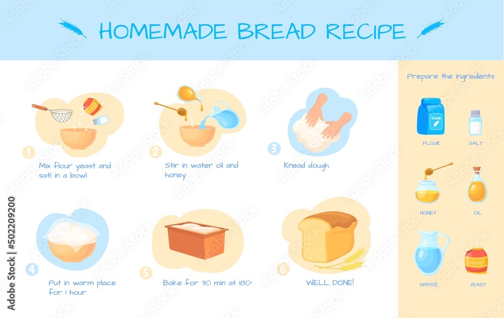 Recipe prepare bread. Preparation dough ingredient for cook baking on yeast, preparing cooking healthy homemade food, layout for bakery hand made flour, cartoon neat vector icon