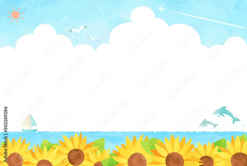 綺麗な海とひまわりの風景イラスト