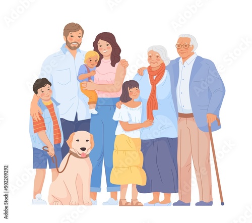 Relatives of big family. Families of teens and seniors people, grandfather grandma mother with baby, grandparents parents kids brothers cartoon character swanky vector illustration