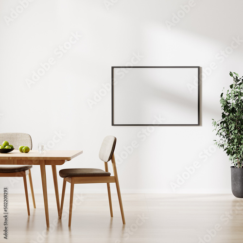 blank picture frame mockup on white wall, room with dinning table and chairs, 3d rendering photo