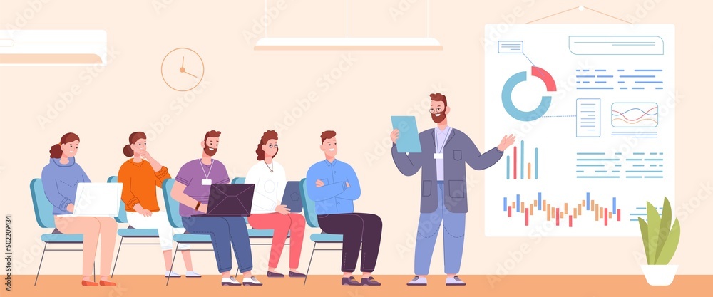 Lecture business coach. Job seminar speaker training in work student classroom, congress trainers audience, coach learning presentation or workshop expertise, vector illustration