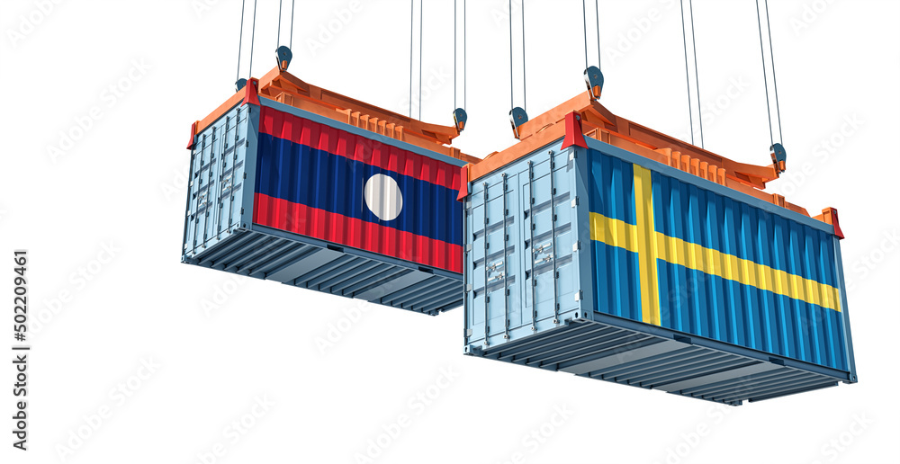 Cargo containers with Sweden and Laos national flags. Isolated on white. 3D Rendering Cargo containers with Sweden and Laos national flags. Isolated on white. 3D Rendering