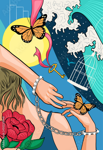 A woman in pearl handcuffs, with an open bird cage and a key against the backdrop of the waves and the city