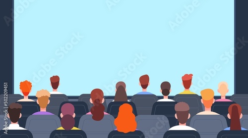 People in cinema back view. Theatre audience, crowd of head sitting on rows chairs watching screen and waiting play movie, events auditorium look film, vector illustration
