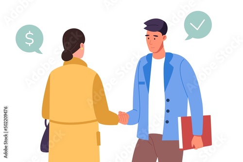 Workers agree deal. Snakehand business partner briefcase, person handshake good impression office meeting work trust partnership etiquette investors agreement, vector illustration