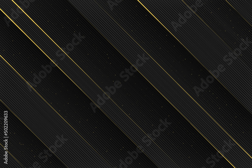 Black linear decorative background. Gold diagonal lines texture. Luxury layered wallpaper for card, web, app
