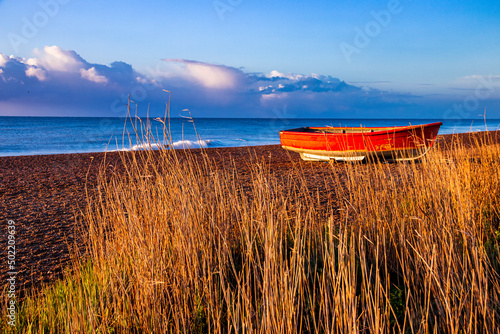Canvas Print May golden light on Dunwich beach Suffolk early in the morning east Anglia Engla