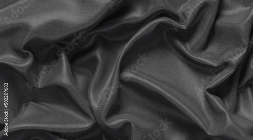 Blank black crumpled glossy fabric material mockup, top view