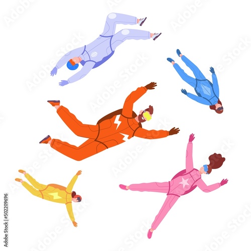 Fall skydiver. Extreme jumping skydiver, fly paragliding free falling down professional active jumper out sky, jump parachute extremely risk exercises, splendid vector illustration