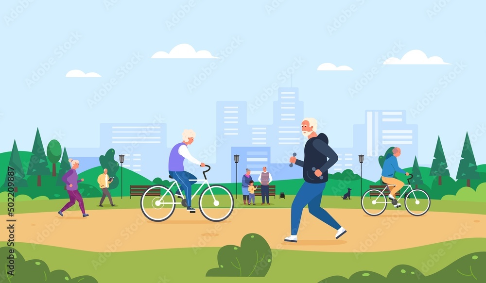Naklejka premium Elderly activity park. Senior people running, elder cyclist on bicycle, older man walking in summer nature, retired athlete lifestyle, fitness jogging, garish vector illustration