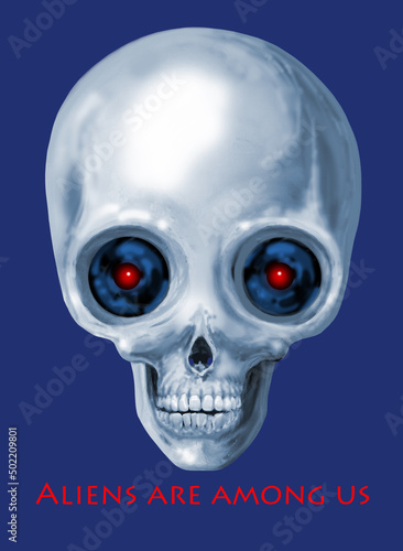 Alien human hybrid skull depiction.