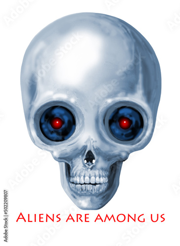 Alien human hybrid skull depiction.