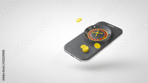 Casino Roulette in a screen smartphone and coins on a white background. Application for gambling and betting background. 3d illustration
