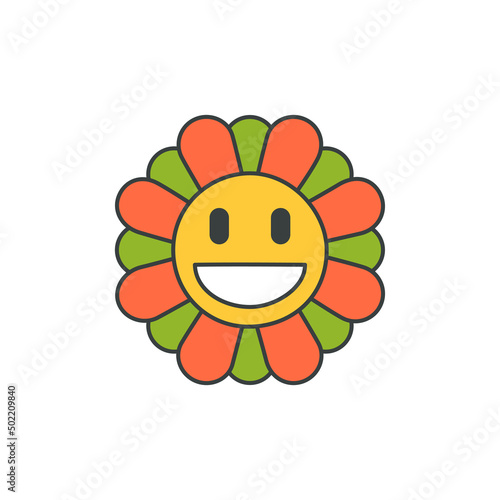 Funny chamomile smiling character multicolored petals pop art t shirt print groovy design vector
