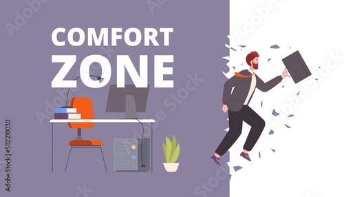 Exit from comfort zone. Dapper employee jump leaving comfortable office, stuck entrepreneur dared exiting comforted zones for growth motivating success new life vector illustration